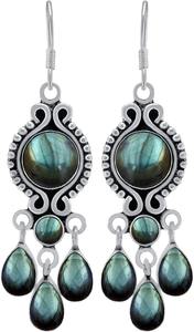 Boucles d'oreilles cabochon en pierres précieuses Labradorite Boucles d'oreilles en argent sterling massif 925 pour femmes filles Boucles d'oreilles pendantes Bijoux en argent - Product Image 3
