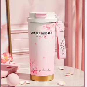 Vente en gros usine – Nouvelle tasse <span class=keywords><strong>thermos</strong></span> rose personnalisée pour femme, 17 oz, pour café, avec isolation, motif fleur de cerisier, idéale comme cadeau romantique - Product Image 4