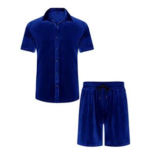OEM Services Blue Color Buttons Down Velvet Short Set 2 Piece Fit Slim Jogger Running <b>Men</b> Gym <b>Tracksuits</b> Blank <b>Velour</b> Short Set - Product Image 1