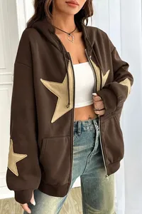 Oversized <b>Plus</b> <b>Size</b> Women's Hooded Fleece Waterproof Sweatshirt Gold Star Applique Front Sleeve Design Autumn Eco-Friendly - Product Image 3