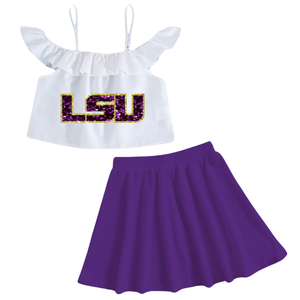 Bonito conjunto de dos piezas para niñas pequeñas, Top de algodón con volantes y falda escalonada de organza, motivo bordado a mano con lentejuelas - Product Image 5