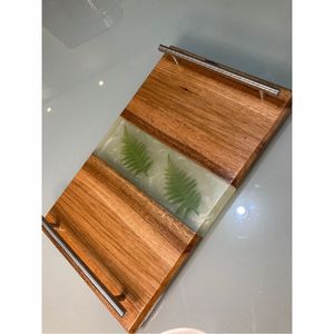 Plateau de service en bois d'acacia artisanal de qualité supérieure avec poignées, grand plateau rectangulaire décoratif à emboîter pour ottoman, table basse - Product Image 5