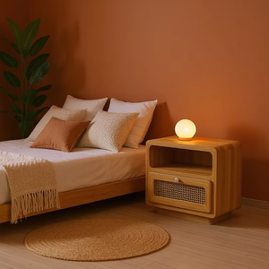 Mesa de Noche Convertible de Diseño Tradicional en Madera de Teca 100% Sólida y Ratán de Alta Calidad para Apartamento, Dormitorio, Sala de Estar y Comedor - Product Image 1