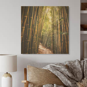 Arte de pared de madera con paisaje de campo de bambú para decoración del hogar y espacios inspirados en Zen - Product Image 1