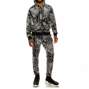 High Quality Hooded 100% Cotton Black Velvet Two-Piece Tracksuit for Men Solid Pattern <b>Jacket</b> Pants Set <b>Rhinestones</b> Knee-Length - Product Image 1