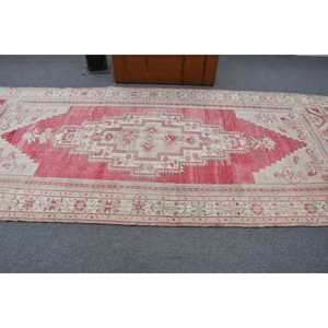 Vintage Rug, 4.9x11.3 ft Large Rug, <b>Red</b> White <b>Wool</b> Rug - Product Image 3