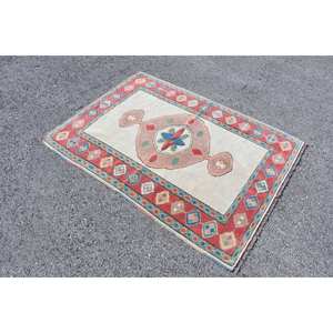 Vintage Turkish 4x5ft Wool Latex Backed Area <b>Rug</b> Classic Beige Red Patchwork Abstract Patterns for <b>Hallway</b> Room 10mm Area <b>Rug</b> - Product Image 2