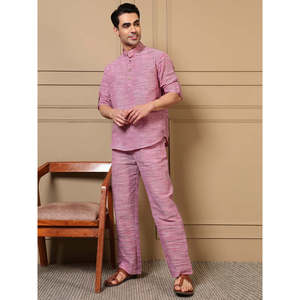 Amanush <b>Men's</b> Pink Textured Plaited Cotton Co-ord Set Full Sleeve Mandrin Collar <b>Kurta</b> With <b>Pajama</b> Casual Summer Wear Outfit - Product Image 1