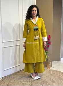 Stunning Women Mustard <b>Yellow</b> Kurta Set with Palazzo Pants - Ethnic Party Wear Outfit with Embroidery & Tassel Detailing - Product Image 6