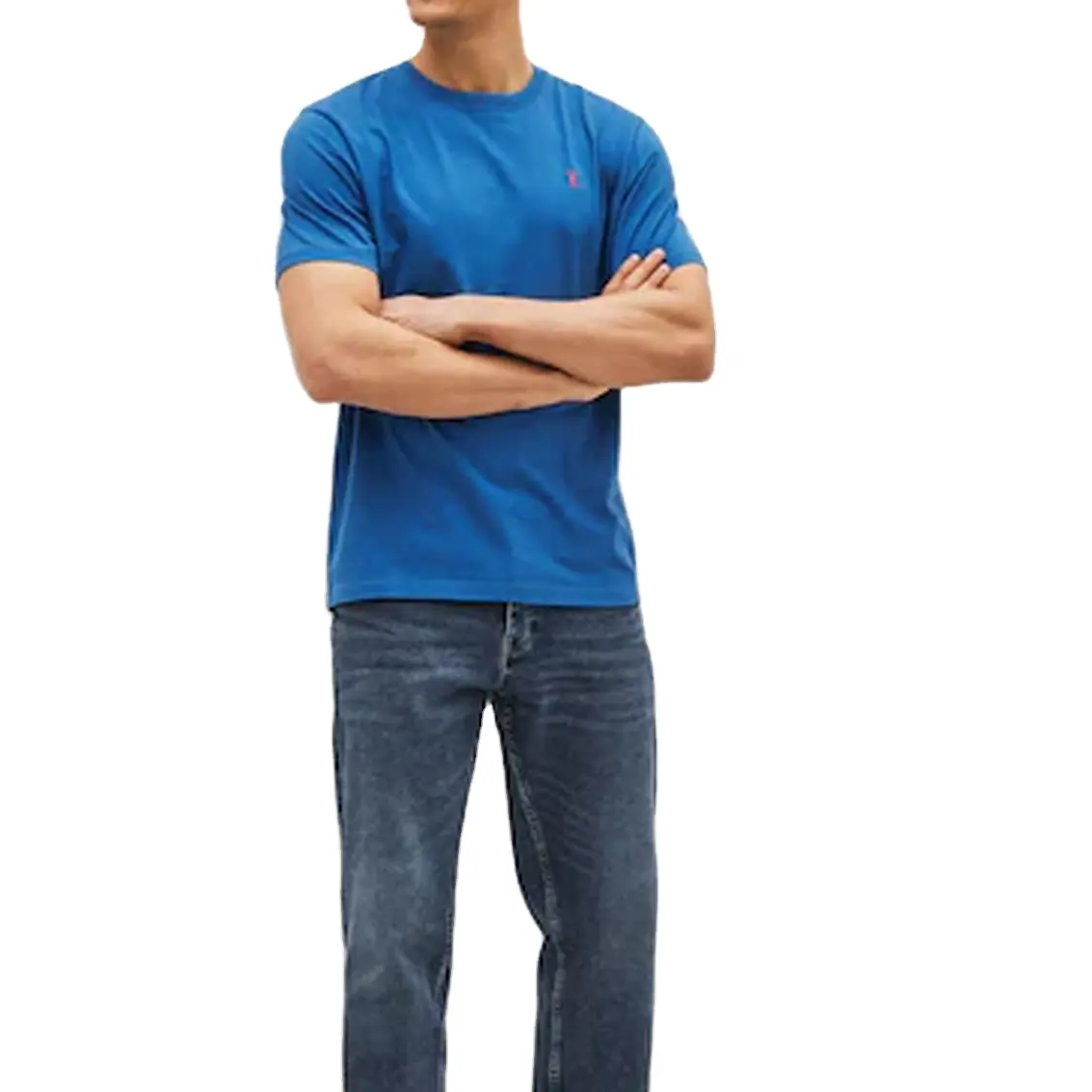 Gömlek erkek orta mavi kısa kollu pamuk logosu rahat yetişkin Mens klasik Fit T Shirt etiketi ile yeni ekip boyun