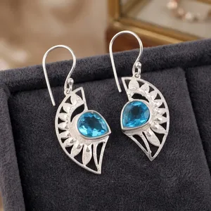 Niharika Gems Women's 925 Silver Bohemia Drop <b>Earrings</b> Geometric Pattern Swiss <b>Blue</b> <b>Topaz</b> Bezel Setting Everyday Wear - Product Image 2