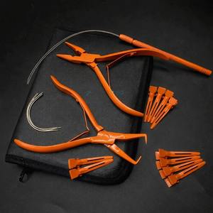Kit d'extension de cheveux à nouer à la main avec des outils en acier inoxydable orange, aiguille à coudre, pinces, ciseaux - pour extensions de cheveux humains - Product Image 1