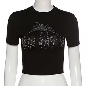 T-shirts personnalisés pour femmes T-shirt court à motif floral avec strass 100% coton tricoté T-shirt surdimensionné pour femmes - Product Image 1