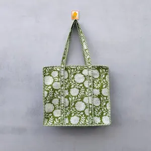 Indian Women's Hand Stitched Cotton Tote Bag <b>Floral</b> <b>Quilting</b> Large Casual Shoulder Shopping Bag Solid Color - Product Image 1