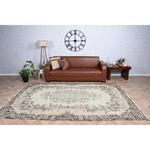 Turkish Rug, 6x9.6 ft Vintage Rug, <b>Brown</b> White Floral <b>Wool</b> Rug - Product Image 1