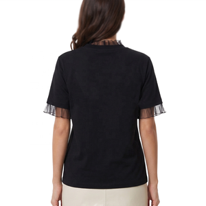 Women's Short Sleeve T Shirt Mesh Ruffle <b>Mock</b> <b>Neck</b> Loose Fit Casual Cotton Blend Fashion <b>Top</b> Custom Logo women's shirt - Product Image 2
