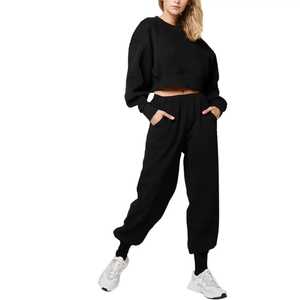 Ensemble de survêtement de sport pour femmes, haut court à manches longues décontracté et pantalon de survêtement, vêtements de sport - Product Image 3