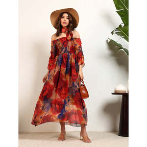 Deebaco Women's Floral Chiffon Off-The-Shoulder A-Line Maxi <b>Dress</b> With Flutter Sleeves Boho Style Summer Casual <b>Dress</b> - Product Image 1