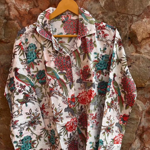 Jaipuri lujo indio hecho a mano mujer ropa de dormir 100% algodón verano pijama conjunto cómodo Top completo pantalón pájaro estampado incluye - Product Image 1