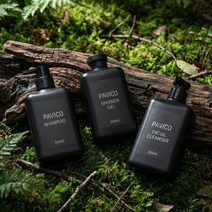 Flacon de shampooing en plastique PET carré de 350 ml de la marque Premium Pavico avec impression sérigraphique, bouchon pompe personnalisé pour hôtel, spa, service OEM - Product Image 5