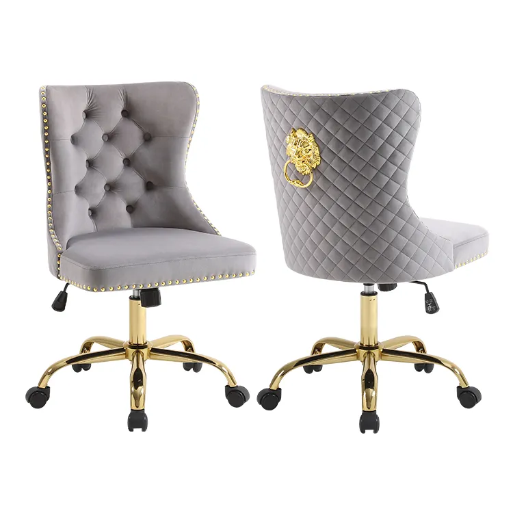 Luxurious Gray Velvet Chair with Gold Base and Lion Head Back