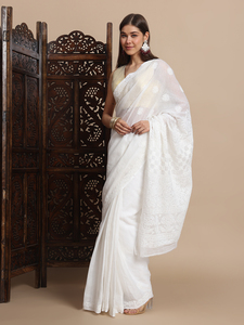 Style traditionnel de qualité supérieure Chikan brodé doux coton Kota Doria blanc sans plis Saree Blouse pièce fête porter indien - Product Image 4