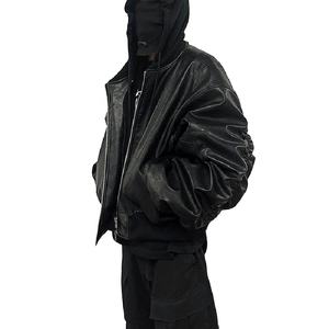 Veste bomber en cuir surdimensionnée Techwear personnalisée Cyberpunk, streetwear, fermeture éclair intégrale, capuche, veste bomber en cuir Techwear - Product Image 1
