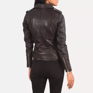 Custom Womens <b>Slim</b> Fit Dark Brown Leather Jacket Asymmetric Zipper <b>Belted</b> Hem Outerwear - Product Image 2