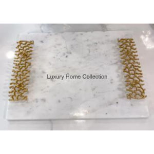 Plateau d'affichage de nourriture en marbre poli brillant tendance chaude avec poignée de couleur or Design Floral fournitures de pièce maîtresse de table à manger - Product Image 2