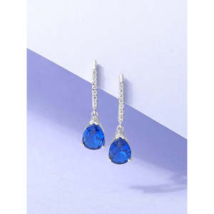 Blue Sapphire and American <b>Diamond</b> <b>Dangle</b> <b>Earrings</b> 925 Sterling Silver Gold Plated Cute Style for Weddings and Parties - Product Image 1