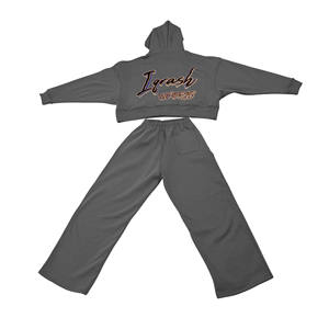 2025 logotipo personalizado Unisex básico en blanco Jogger Flare pantalones de chándal y sudadera recortada Color sólido dos piezas chándal trajes para mujeres - Product Image 2