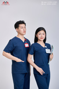 Ensemble de blouses médicales unisexes en tissu FMF WFX-CVC, 52 % coton, fabrication vietnamienne, OEM, détection des aiguilles, bleu marine, 45 % polyester, 3 % uniforme d'hôpital - Product Image 4