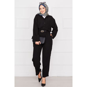 Casual Black Linen Hijab Set with Pocket Details - Product Image 1
