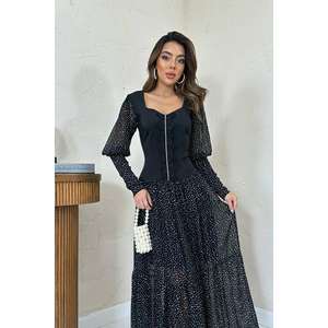 Vestido de Chifón con Corte en A y Adornos de Encaje Negro, Cintura Imperio, Venta al Por Mayor - Product Image 2