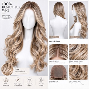 วิกผมแท้ 100% แบบติดลูกไม้ด้านหน้า ทรงยาวลอนคลื่นหลายเฉดสีบลอนด์  ดูเป็นธรรมชาติ  สำหรับผู้หญิง - Product Image 6
