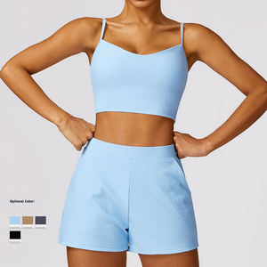 Ensemble de yoga et fitness 2 pièces côtelé sans couture pour femme, débardeur et soutien-gorge de sport avec poches, en molleton uni 100 % coton respirant - Product Image 1