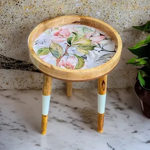 Mughalcrafts โต๊ะข้างไม้มะม่วงสีทึบทันสมัยขาที่ถอดออกได้ทำด้วยมือฤดูใบไม้ผลิดอกไม้โต๊ะกาแฟห้องนั่งเล่นห้องครัวใช้ในห้องครัว - Product Image 4