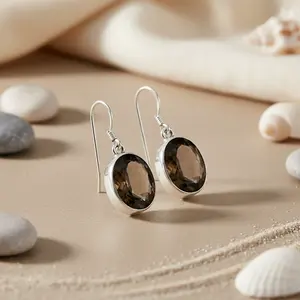 Boucles d'oreilles pendantes en argent 925 avec quartz fumé, cadeau pour femme - Product Image 3