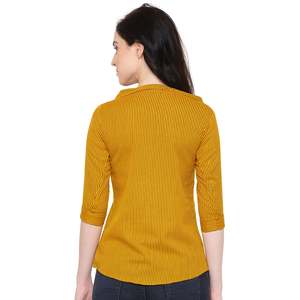 Camisa Cómoda de Algodón Color Mostaza para Mujer, con Cuello y Mangas Tres Cuartos, Diseño Flexible Estampado, Ideal para Uso Diario Casual en la Oficina - Product Image 3