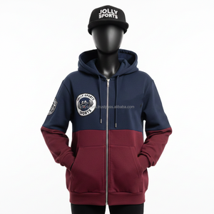 เสื้อฮู้ดซิปผู้หญิง ผ้าคอตตอนผสมโพลีเอสเตอร์ 320GSM สีกรมท่าและสีแดงเลือดหมู ตัดต่อสี ผ้าฟลีซนุ่ม ปักโลโก้ตามสั่ง เสื้อฮู้ดซิปแบบพื้นฐาน - Product Image 1