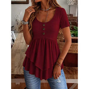 Blusa de viscosa con dobladillo asimétrico y botones, cuello redondo y manga corta para mujer, 33850 - Product Image 2