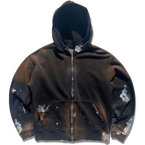 Oversized Fit Hand Painted Hoodie Garment Dyed Relaxed Fit Slightly Distressed Zip up Cotton <b>Blended</b> Hoodies - Product Image 1