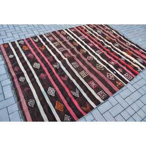 Turkish Kilim Large Rug 5.9x8.8 ft (180x268 cm), Vintage <b>Brown</b> Patchwork <b>Wool</b> Rug - Product Image 2