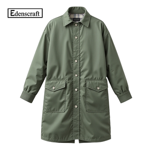 Chaqueta larga de algodón ligero marrón para mujer, cuello informal, botones, bolsillos con solapa frontal, patrón sólido, uso diario para primavera teñida - Product Image 4