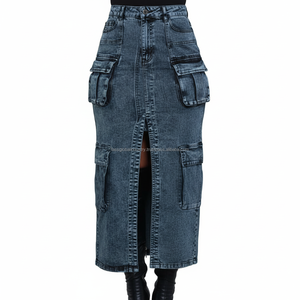 Nouvelle Tendance Jupe Longue Cargo en Jean Taille Haute Femme Streetwear Fente Avant Multi-Poches Maxi Jupe en Jean Vintage Bleu Délavé - Product Image 2