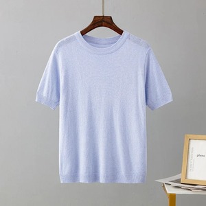 Ropa brillante Primavera Verano cuello redondo mezcla de colores Patchwork suéter mujer Casual manga corta pulóver punto Jumper Slim Tops - Product Image 4