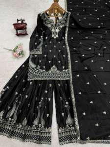 Elite Designer Fashion sharara Chinon Silk Couture Set con intrincadas lentejuelas que fluyen Plazo y encaje detallado Dupatta - Product Image 6