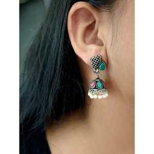 Oxidized Silver Jhumka <b>Earrings</b> with <b>Green</b> and Pink Stones and Hanging Beads for Women Ethnic Indian Traditional Jewelry - Product Image 2