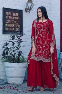 Blusa de Trabajo de Manga Larga con Bordado de Secuencia en Georgette de Viscosa de Moda, Sharara con Dupatta, Color Granate - Product Image 6