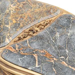 Mesa de Centro Rectangular de Lujo con Doble Superficie de Mármol Gris y Marco de Madera Tallado a Mano en Oro Antiguo para Salas de Estar Clásicas - Product Image 4